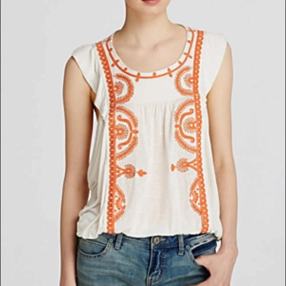 Free People Dos Sequndos Top Ivory Sz M‎ Embroidered Orange